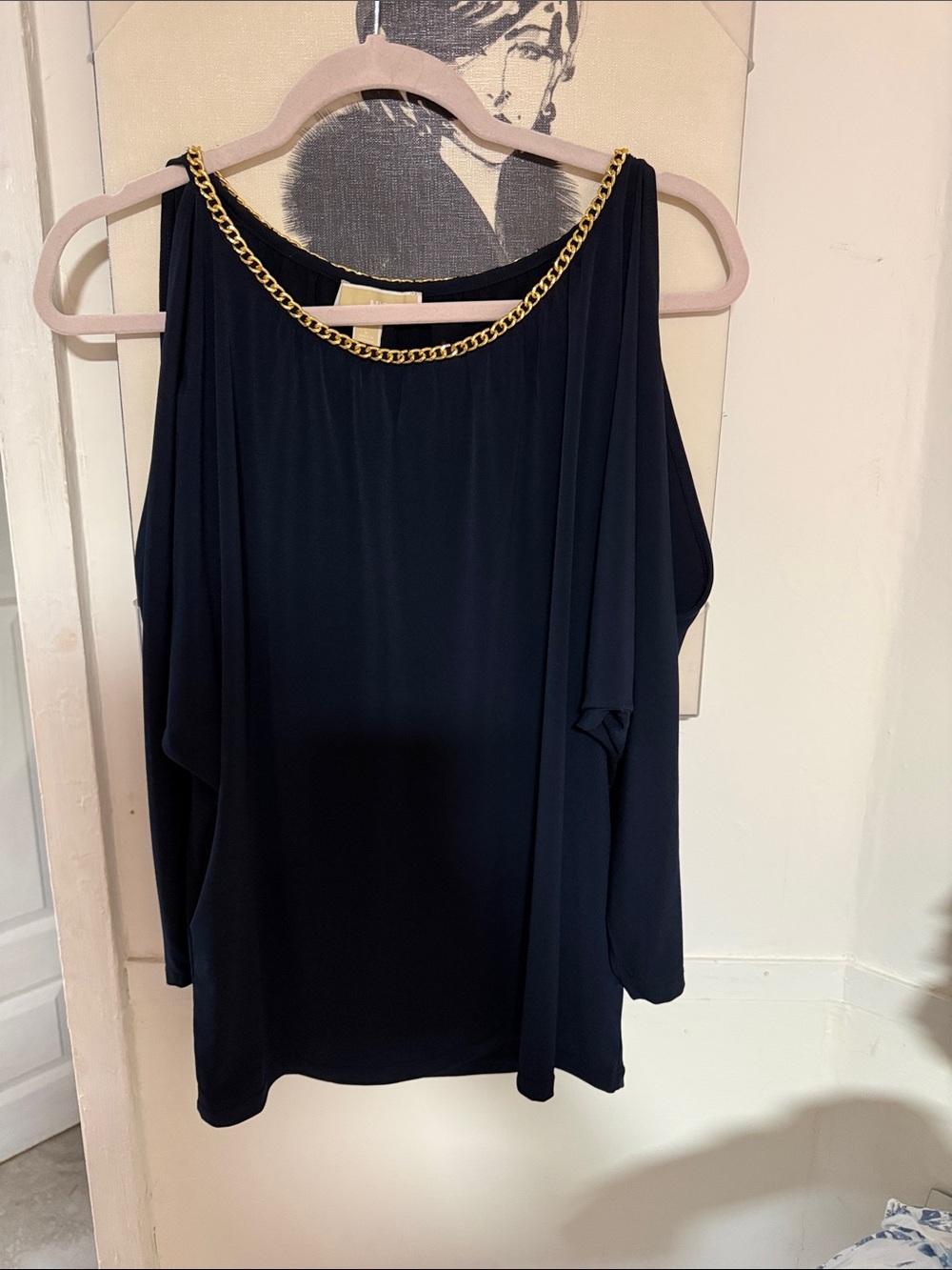 Michael Kors Navy Cold-Shoulder Top with Gold Chain